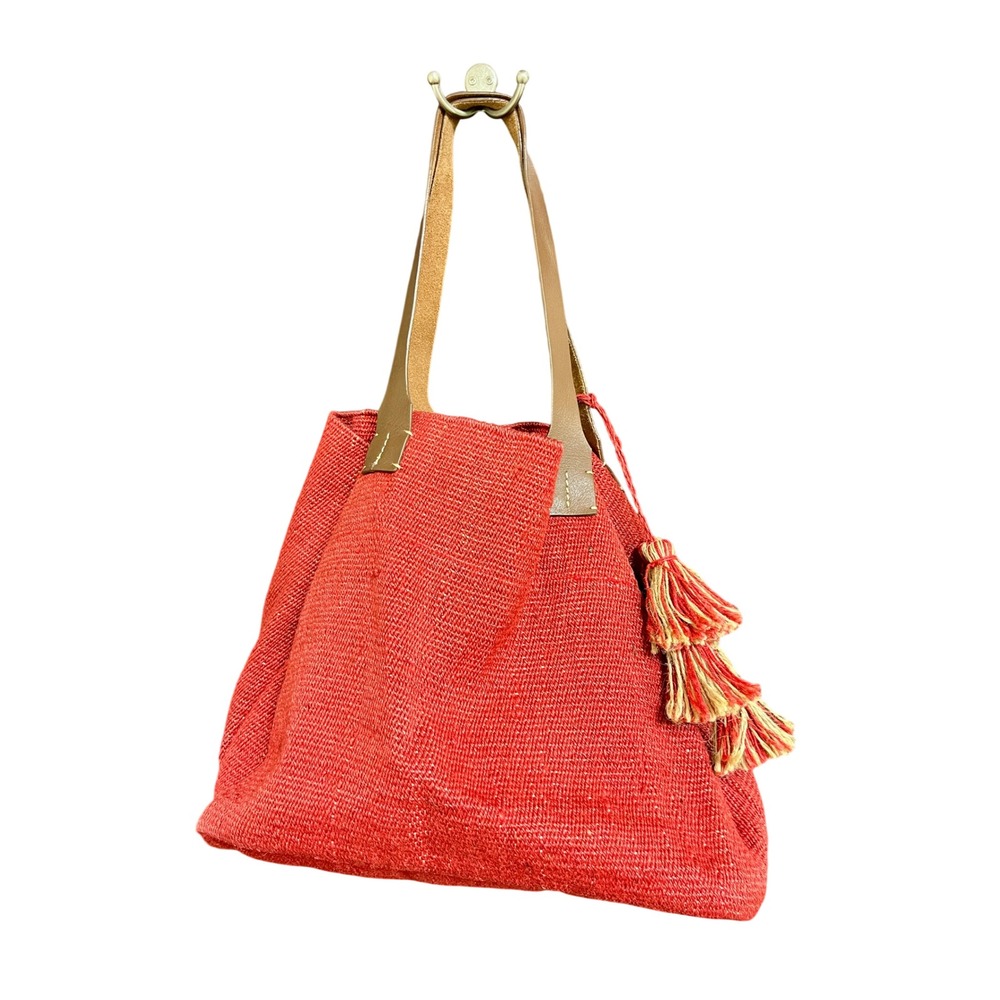J JILL Jute Woven Leather Tote Bag Red Straw Tassel Boho Beach Summer Vacation‎